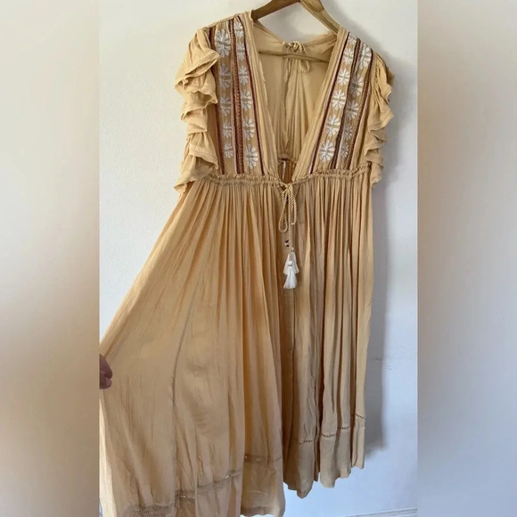 Free People Bali Will Wait For You Yellow Embroidered Gauzy Midi Dress Sz Medium - Picture 3 of 13